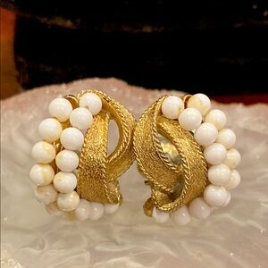 Ciner Milk Glass Clip  Earrings in Brushed Gold Tone